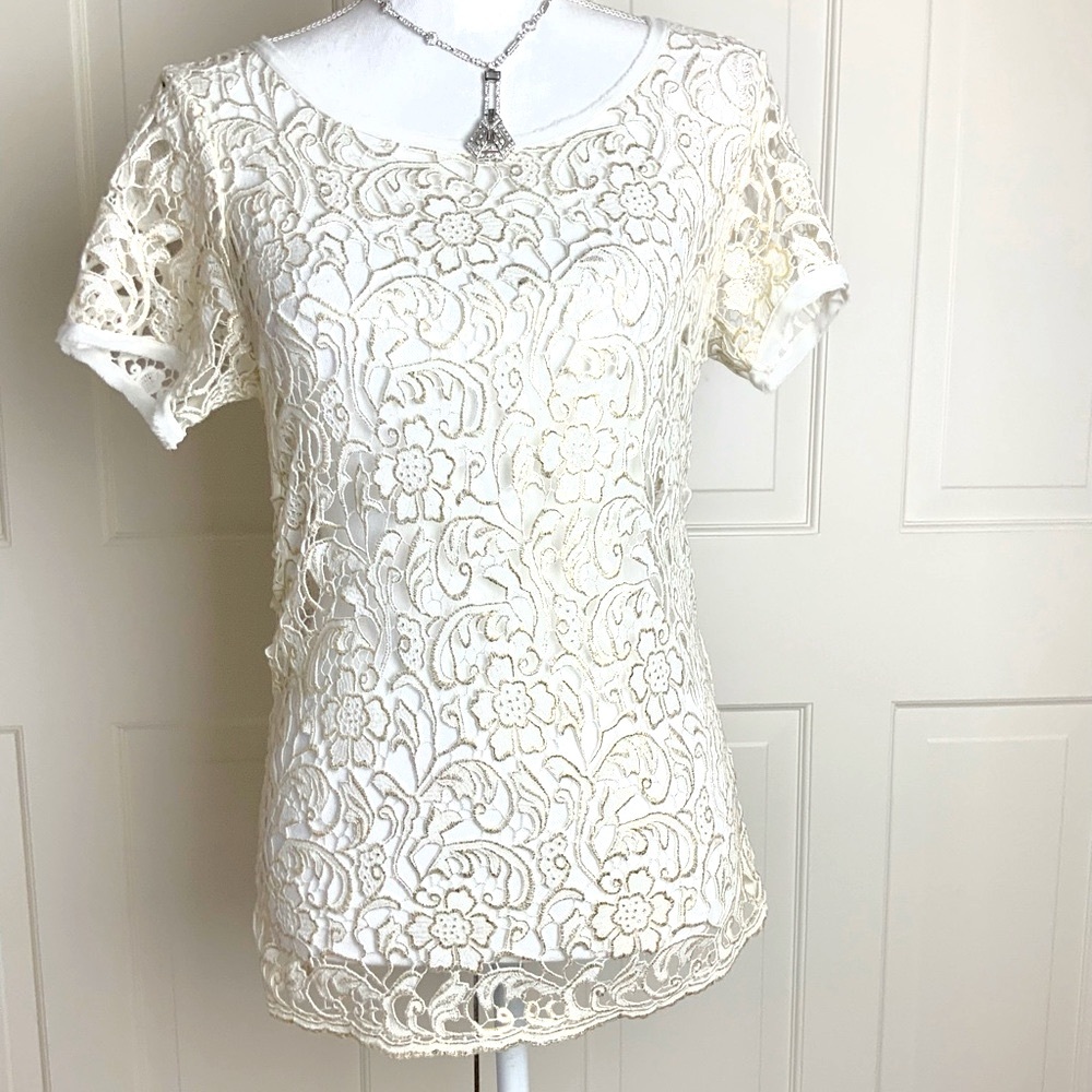 Pinko gold and white lace raw edge top 6